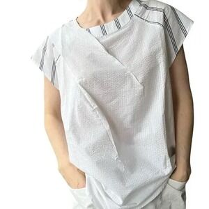 Harshman NEW‎ Sandra Blouse 100% Women's Small White Navy Stripe Cap Sleeve